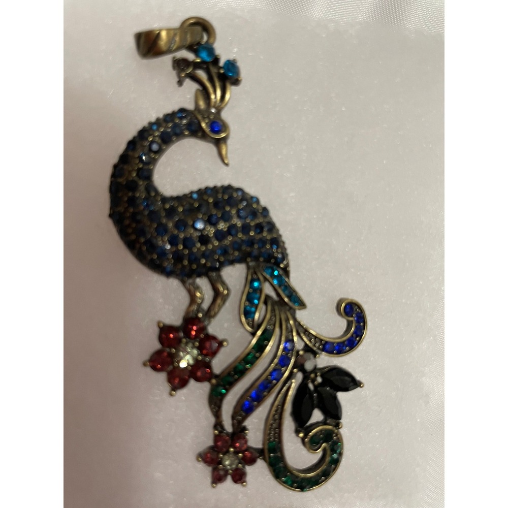 Bronze Peacock Pendant Blue Red Green Rhinestone Statement Bird Charm#755